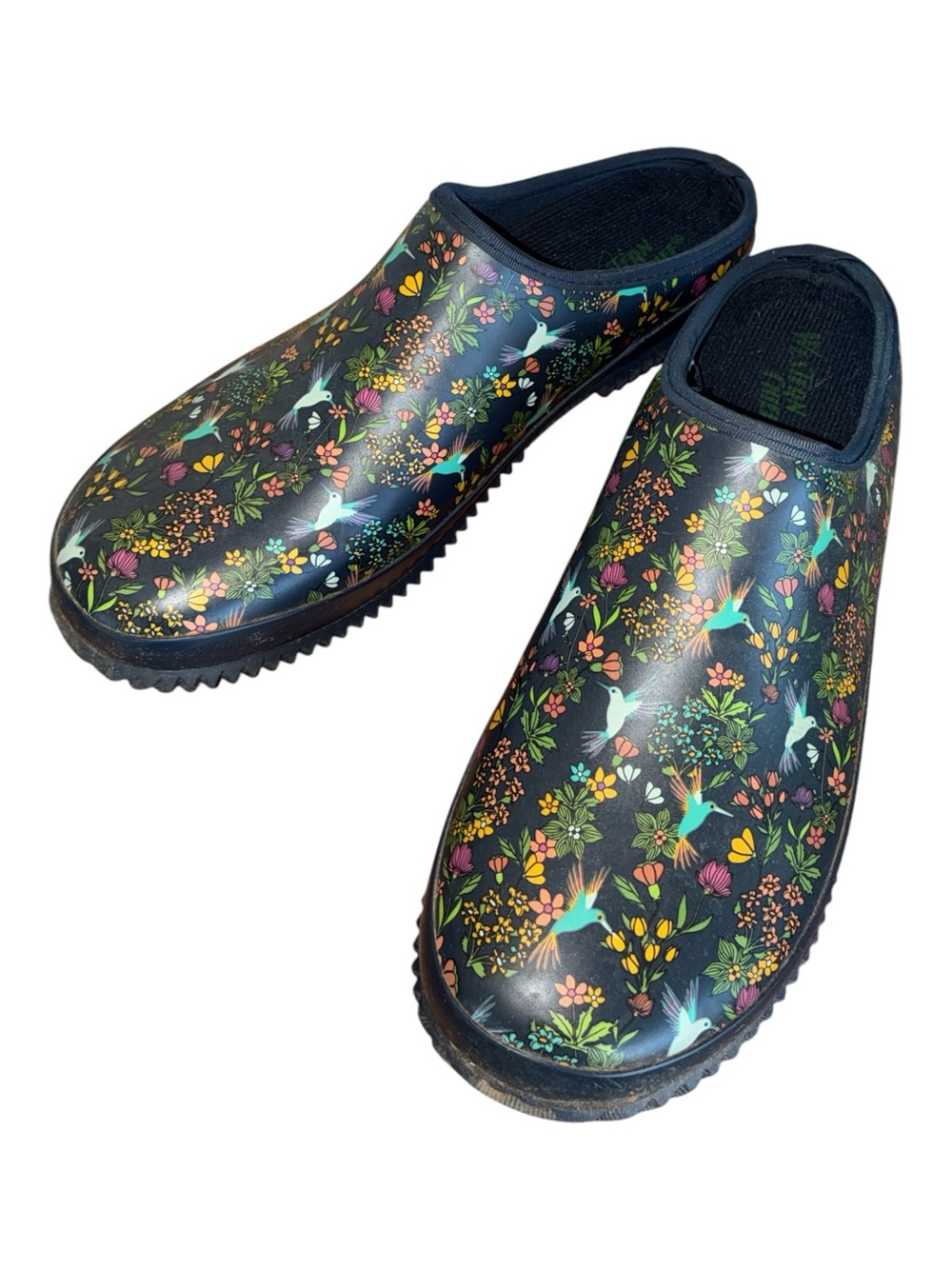 Western Chief Garden Clogs Women’s 10, Navy Floral / hummingbirds, Slip-On. euc